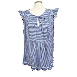 Womens Plus 3X Sleeveless Top Blue White Striped Keyhole Front Ruffle Coastal
